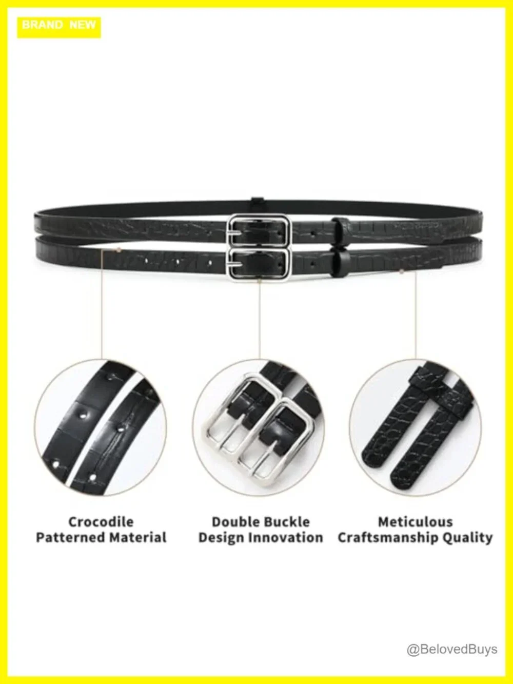 Faux Leather Double Buckle Belt for Women with Embossed Texture